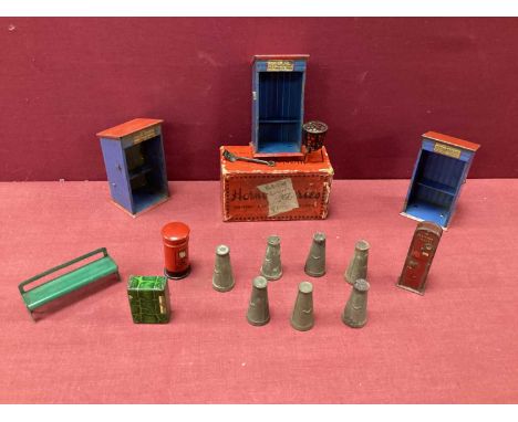 A Quantity of Pre-War Hornby, including tinplate station, and other accessories, including pillar box, boxed watchman hut, al