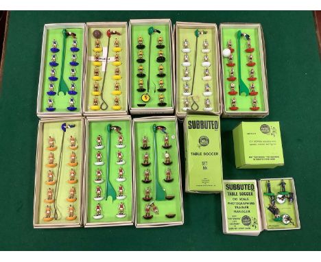 A Collection of Subbuteo OO Scale Table Soccer Items to include Eight Teams, TV Tower, Nets, Balls. Faults noted including gl