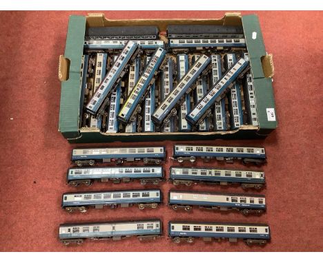 Approximately twenty-six 00 gauge BR Blue/Grey Mk1 and Mk2 coaches by Hornby, Lima and others, all heavily weathered and play
