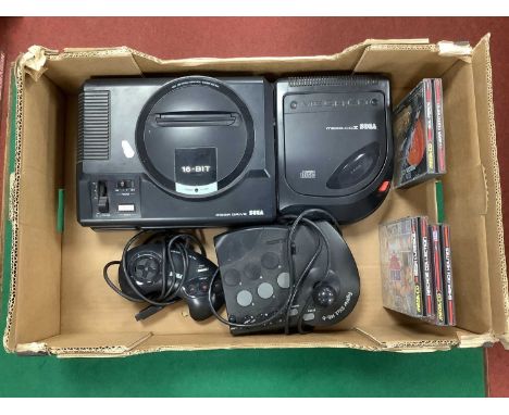 A Sega 16-Bit Mega Drive Games Console with Mega CD II, Model No. MK-4102-50 (Japan). Together with One Control Pad and Fight