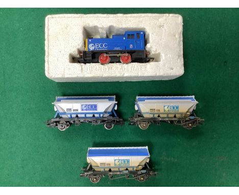 A 00 gauge china clay train comprising a Hornby 0-4-0 diesel shunter in English China Clay livery and three Hornby CDA China 