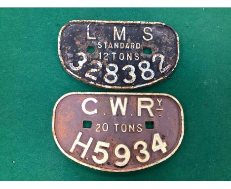 Railwayana -Two Cast Iron Wagon Plates. Comprising of LMS Standard 12 Tons 328382 &amp; G.W.R. 20 Tons H.5934.