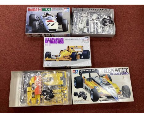 Three Formula One Racing Car (F1) Plastic Model Kits comprising of Tamiya 1:20 Renault RE 30B Turbo, Tamiya 1:20 No. 43 Honda