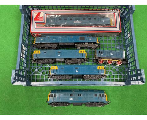 Six 00 gauge BR Blue Diesel locomotives: a boxed Lima Deltic "The Fife and Forfar Yeomanry" (one buffer missing), two Triang 
