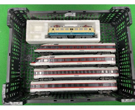 A Lima HO scale German High Speed four car IC electric multiple unit (one pantograph missing) and a Jouef DB Bo-Bo electric l