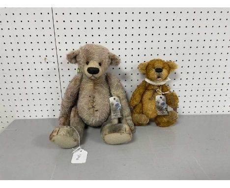 Two Domi-Bar by Doris Minuth Soft Jointed Bears. "Pitt" and "Flint". Scarf and Key Noted to "Pitt" Bear. Smaller Bear Measure