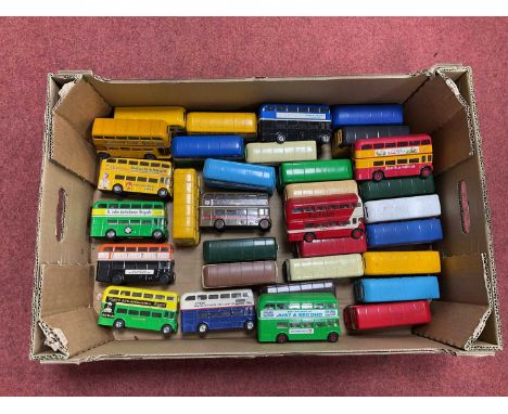 Thirty Two Diecast Model Double Decker Buses by Corgi. Assorted Liveries, Playworn. (One Box).