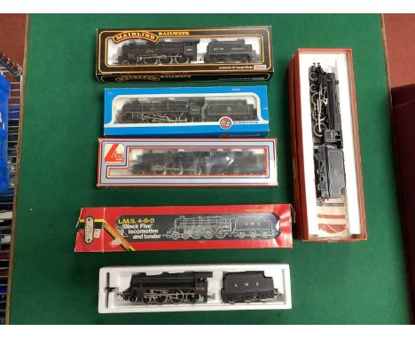 Five boxed OO gauge LMS locomotives: A boxed Hornby Silver Seal Black Five (damage noted to footplate steps); a further boxed