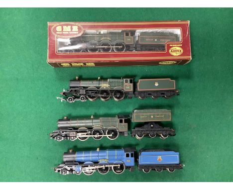 Four 00 gauge Great Western 4-6-0 locomotives: a boxed Airfix "Caerphilly Castle" in GW Green; a Hornby Castle Class "The Sou