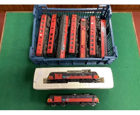 Two Hornby 00 gauge Class 90 Electric Locomotives in Rail Express Systems Red and Grey livery (one with damaged pantograph) a