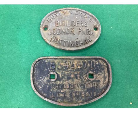 Railwayana- Two Railway Wagon Plates. Comprising of Butterley Co Ltd Builders Codnor Park Nottingham And "B345871" Shildon 19