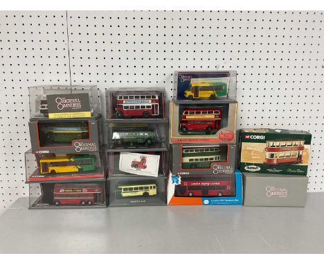 Fourteen 1:76th Scale Diecast Model Buses/Tram by EFE, Corgi to include The Original Omnibus Company #43401 Plaxton Beaver 2 