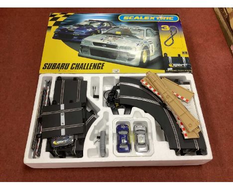 A Scalextric Sport #C1094 Subaru Challenge Slot Car Set, untested, unchecked for full completeness, playworn, boxed.