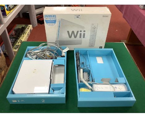 A Nintendo Wii Games Console, two controllers, missing power supply, signs of use, untested for working order, boxed.