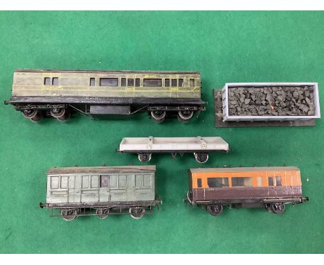 Five scratch/kit-built items of 0 gauge rolling stock: a "Southern" bogie brake third coach; a four-wheel "LYR" coach; a six-