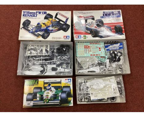 Three Tamiya Formula One Racing Car (F1) and Indy Car Plastic Model Kits comprising of 1:20 No. 40 Newmann Haas K Mart Texaco