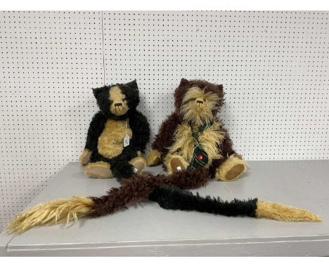Two Furry Cat Plush / Soft Teddies. With Long Tails. One With Bell Collar Around The Neck, The Other With A Tie Around The Ne