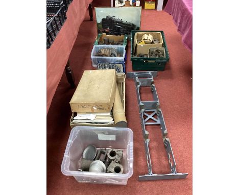 A Good Quantity of Live Steam Locomotive Parts, Plans, Ephemera, etc, to include a six wheel steel chassis' frames, stretcher