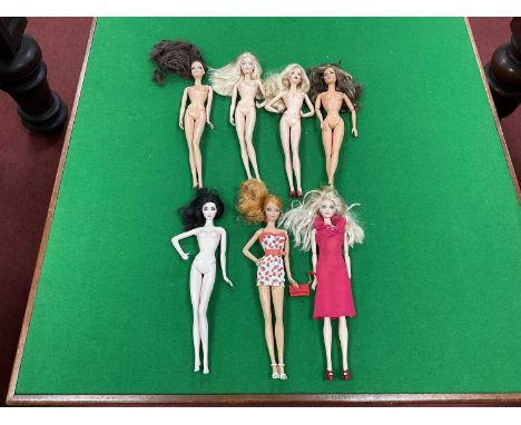 Seven Mostly Naked Mattel Modern Female Fashion Dolls. Barbie and Similar Noted. Including A Top Model Resort Summer Barbie (