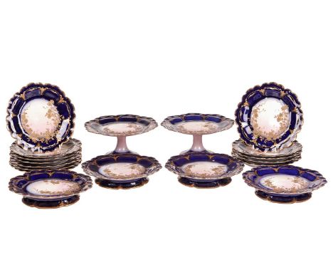 An extensive G. Mansard of Paris, Belle Epoque porcelain dessert service with blush and raised gilding to the coblat borders,