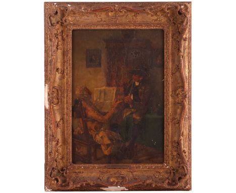 Paul Burmeister (German 1847 - 1923)Discussing the newssigned 'P.Burmeister' (lower right)oil on panel34 x 23 cm, framed 48 x