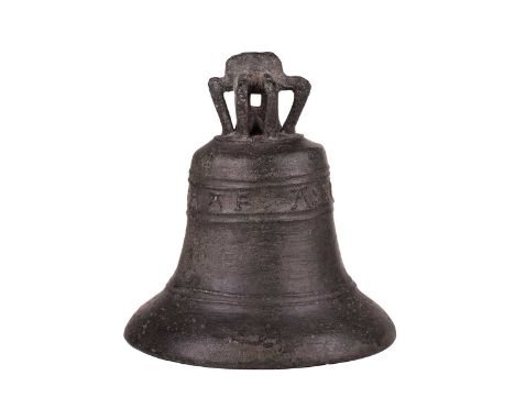 A 17th century bronze church bell, maker Ashton, with crown staple, the bell's shoulder cast with two chords above the legend