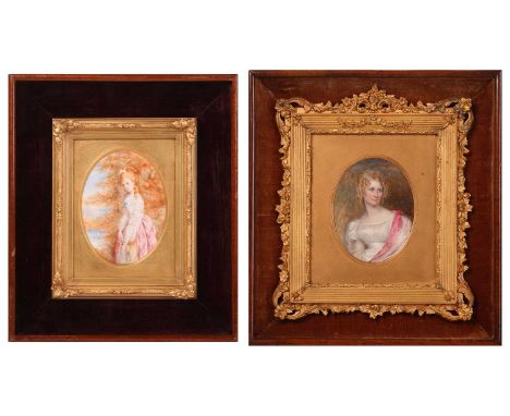 Two 19th-century miniature portraits on ivory, each in an oval gilt frame within velvet-lined outer frames, a finely dressed 