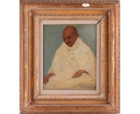 Kathleen Emily Temple-Bird (British 1879 - 1962),  Portrait of Mahatma Gandhi spinning yarn,  signed 'K.E. Temple-Bird' (lowe
