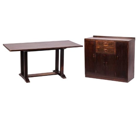 Heals of London; a dark oak sideboard and refectory-type table, first half of the 20th  century. The sideboard with two friez