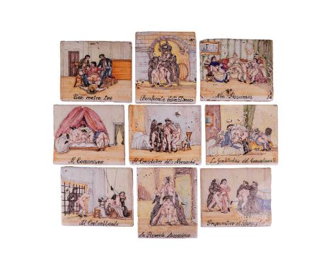 A collection of nine 18th Century Majollica Mattonella tiles, reputedly salvaged from a casino in Naples demolished around 18