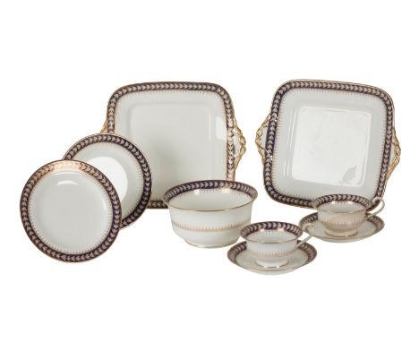 A LATE 19TH CENTURY WEDGWOOD PART TEA SERVICE with cobalt blue and gilt highlighted banding, comprising eight cups, ten sauce