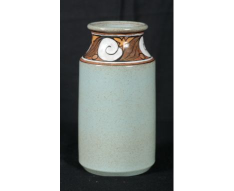 ALAN WHITE FOR POOLE POTTERY: A MOTTLED GREY GLAZED CYLINDRICAL VASE with tapered abstract rim, 23.5cm high, with AW and Pool