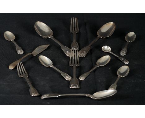 A VICTORIAN SILVER PART FIDDLE, THREAD AND SHELL TABLE SERVICE by George Adams, London 1851/53, comprising two table spoons, 