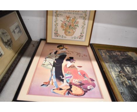 An embroidery style print of two geisha girls and a similar alphabet sampler
