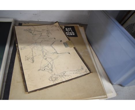 A vintage sketch pad containing pen and ink pictures and copper plate prints