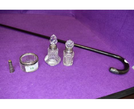 A small selection of glass dressing table items having HM silver fitments also with a bent wood cane with HM silver knopp