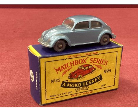 A Moko Lesney Matchbox No 25 Volkswagen, blue, grey plastic wheels, overall excellent, boxed, slight staining to box.