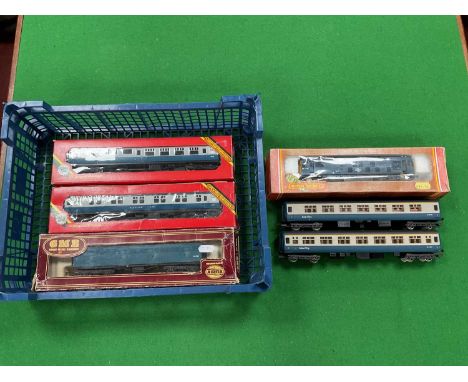 An 00 gauge British Rail passenger train including boxed Hornby Class 25 in blue livery (untested) together with four blue gr