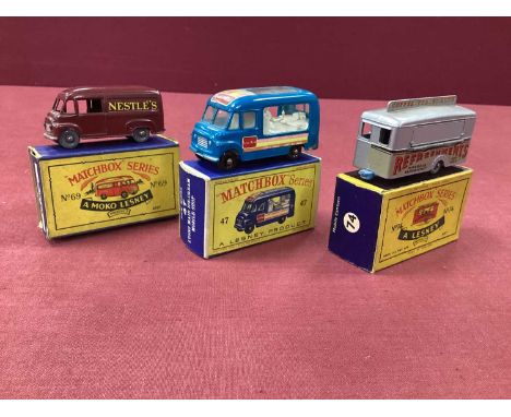 Three Lesney, Moko, Matchbox 1-75's, No 69 Nestles, Commer, good, boxed, crushing to box, No 47 Commer Lyons ice cream van, g