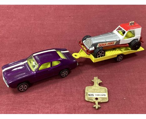 An Original 'Derek Fiske' Corgi Rocket Stock Car Set, comprising stock car, Ford Capri, trailer and one key, overall good plu