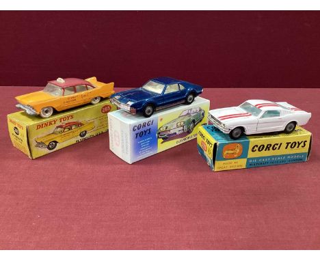 Original Dinky Toys No'265 Plymouth USD Taxi, fair, faded and touched up, roof, boxed, staining/ slight creasing to box/ orig