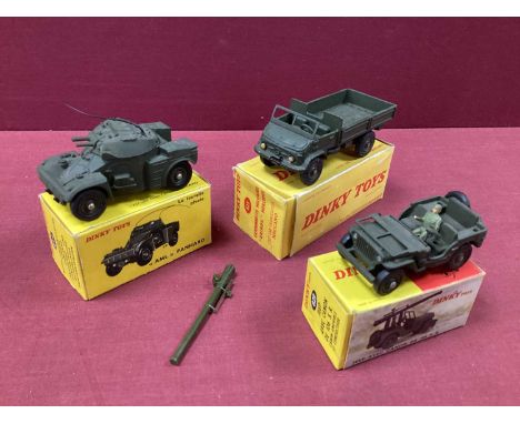 Three French Dinky, All Military, No 821 Unimog, No 814 Armoured Car, No 829 Jeep with cannon, all boxed by parts broken or m