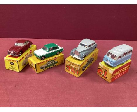 Four Original Dinky Toys No 189, Triumph Herald, green and white/ No 150 Rolls-Royce Silver Wraith/ No 295 Atlas Bos / No 195