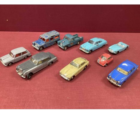 Nine Original Spot-On Diecast Vehicles, Rover 3 litre and Austin A40 noted, all playworn