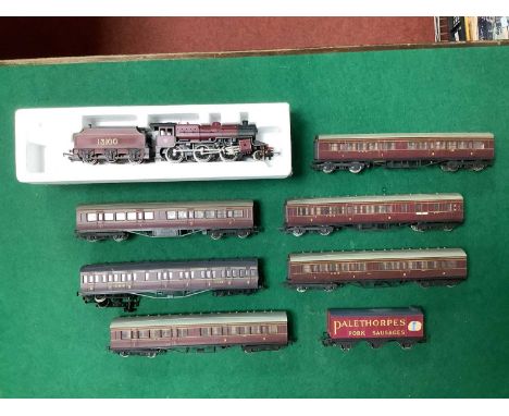 A LMS passenger train consisting of boxed Lima "Crab" 2-6-0 locomotive in red livery (untested), six early LMS coaches by Air