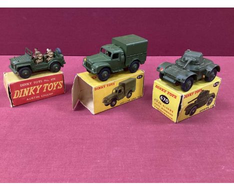 Three Dinky Toys No 674 Austin Champ with Crew, very good, boxed, No 641 Army 1-ton truck, very good, boxed (end flap missing