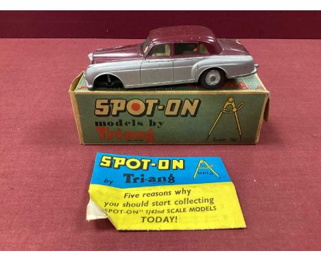 An Original Spot-on No 102 Bentley Saloon, maroon/ silver, overall good plus but missing front axle and wheels, boxed with le