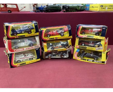 9 x 1970s Corgi Die-cast Racing Cars, mainly Formula One, including No 159- Ferrari 312 B2 and No 156 Fraham Hills Shadow, al