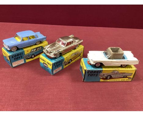 Three Original Corgi Toys No 217 Fiat 1800, blue/No 211 S - Studebaker 'Golden Hawk'/No 215 Ford Thunderbird, white, all fair