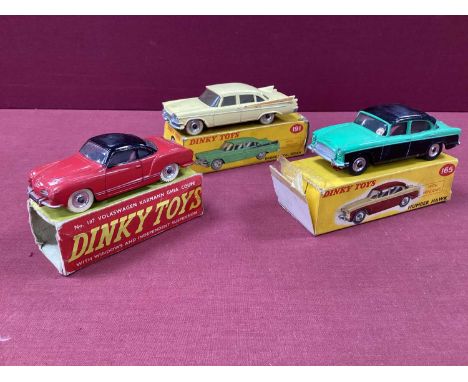 Three Original Dinky Toys No 165 Humber Hawk, black and green/Volkswagen, Kuprman, red and black/ No 191 Dodge Royal Sedan, c
